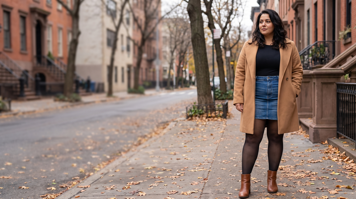 Femme en collant polaire dans une rue d'automne